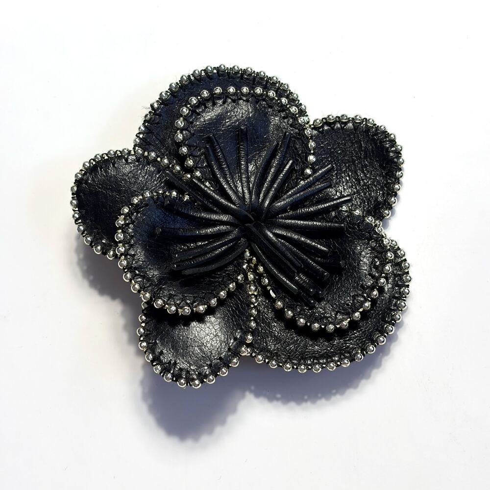 Anne Fontaine Bobby Black Leather Beaded Flower Brooch Pin Made in Italy 3"